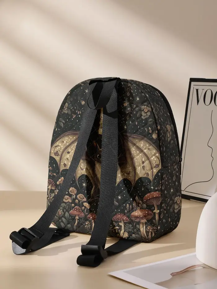 Sac à dos compact matelassé à imprimé floral Bat Moon Mushroom