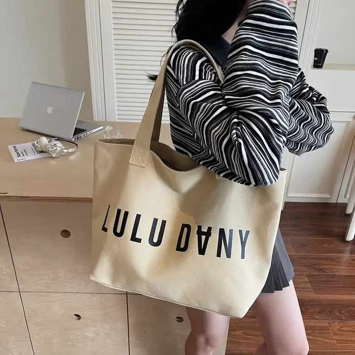 Sac à main en toile imprimé lettre pour femme | Sac fourre-tout à bandoulière de grande capacité