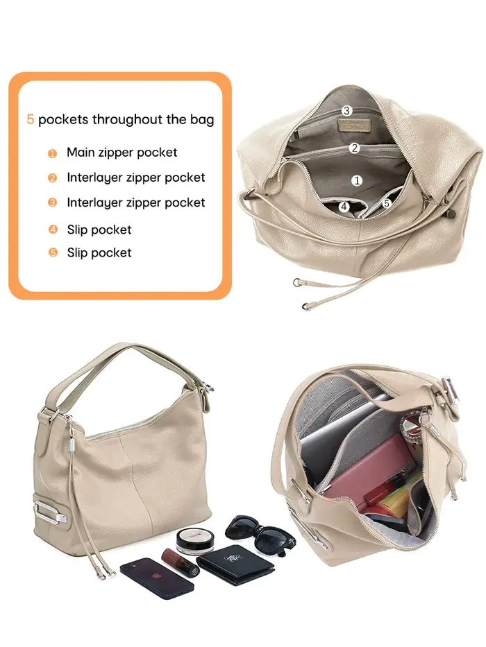Zency – sac à bandoulière en cuir véritable pour femmes, sac élégant de grande capacité, couleur bei