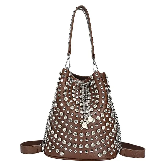 Sac seau style urbain grande capacité, sac bandoulière à rivets avec cordon de serrage et chaîne sou