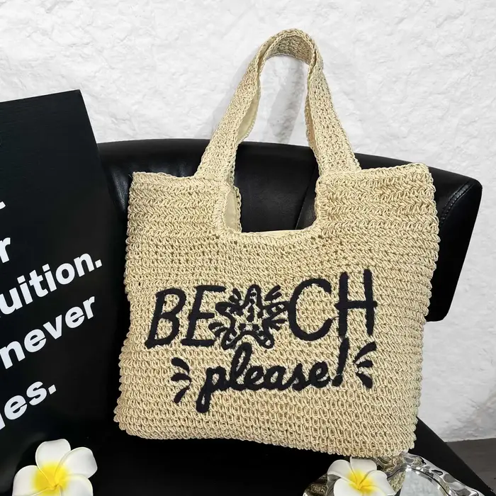 Sac à bandoulière en paille pour femmes, fourre-tout de grande capacité avec lettres, sac de voyage 