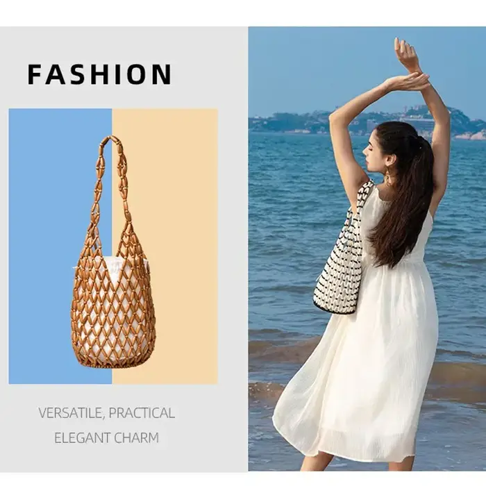 Sac tissé Design exquis évider perle de bois fourre-tout seau sac à bandoulière femme été plage sac à main сумка mягкая ♥