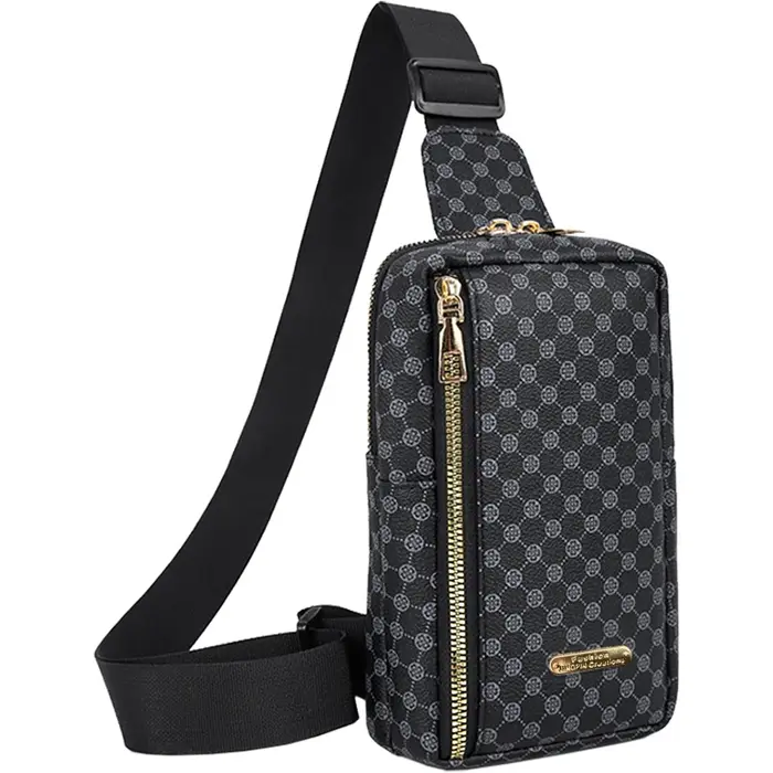 Sac de poitrine classique à motif écossais marron, sac à bandoulière spacieux à plusieurs fermetures
