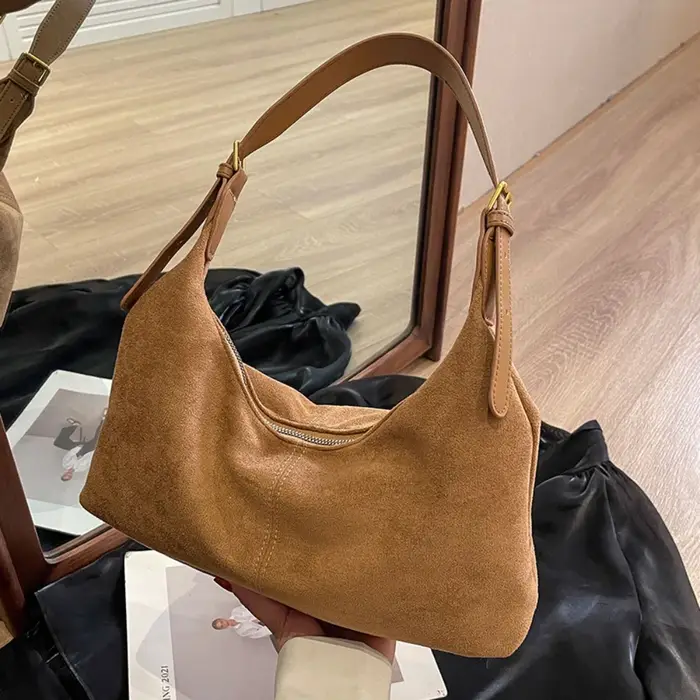 Sac à main tendance en daim, sac à bandoulière couleur unie, sac Hobo de grande capacité, fourre-tou