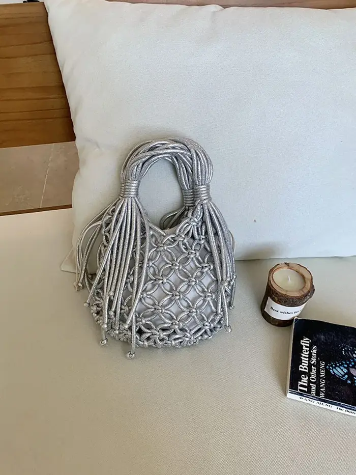 Nouveauté été : Sacs à bandoulière en macramé tressé à la main avec perles en bois et pompon