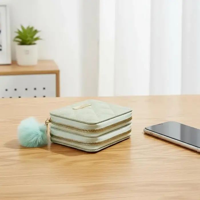 Mini portefeuille matelassé en cuir PU avec double fermeture éclair et pompon moelleux pour les trajets quotidiens