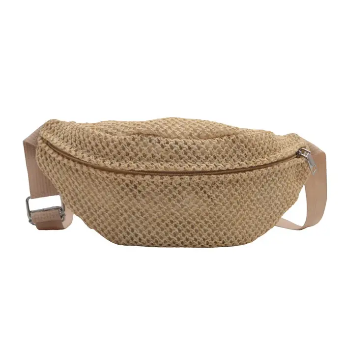 Sac banane tressé en paille pour femme, sac de poitrine léger et décontracté à porter en bandoulière