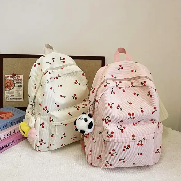 Sac à dos en velours côtelé motif cerise pour femmes