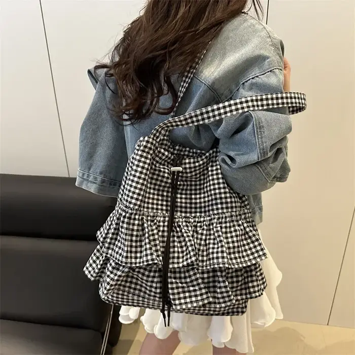 Grande capacité mignon Plaid coton sac fourre-tout dentelle garniture femmes été 2025 Simple dame sac à main doux sacs à bandoulière Bolsa Feminina
