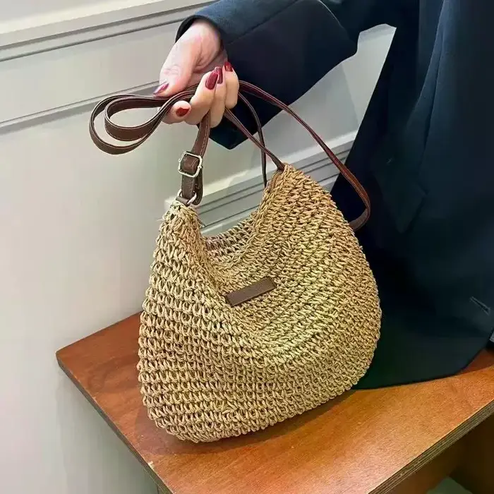 Sac en paille tressé à bandoulière pour femme, sac de plage tendance