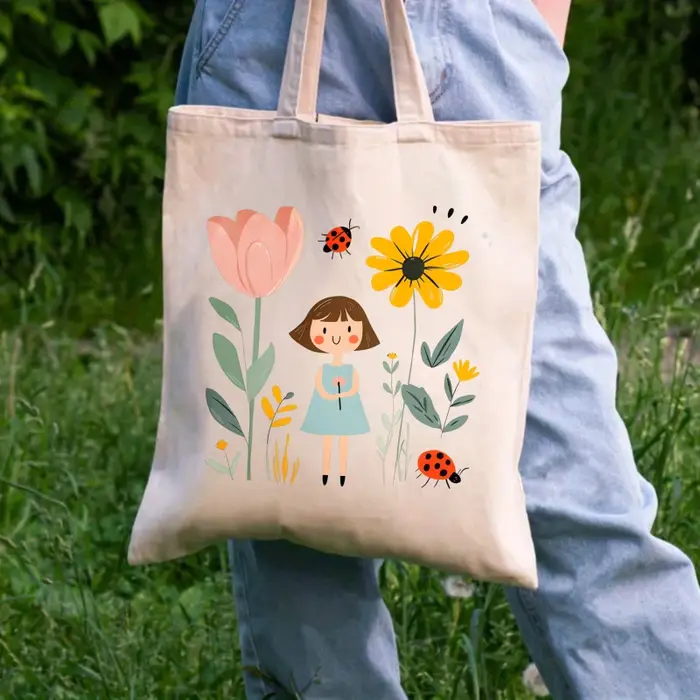 Sac fourre-tout en toile crème avec imprimés fille