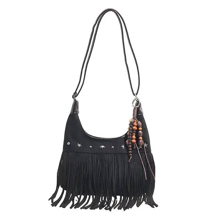 Sac à bandoulière Vintage à franges, sac à main en daim tendance avec pompon en croissant pour femme