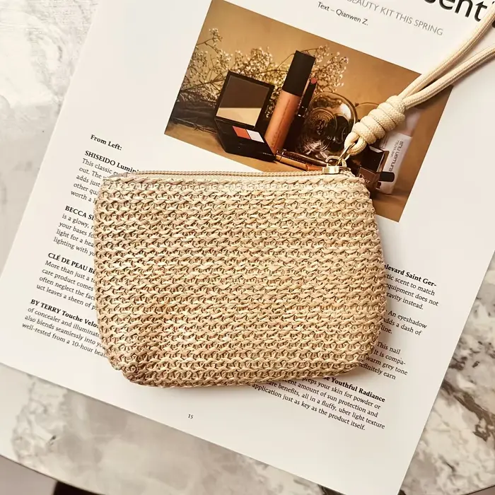Mini sac à main en paille tressée pour l'été, pochette pour pièces de monnaie, cartes et clés, sac à