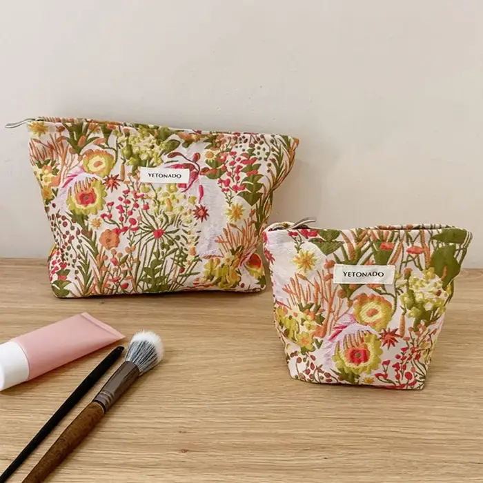Pochette en toile de polyester à motif floral, fermeture éclair, pochette de rangement pour cosmétiques, grande capacité, portable