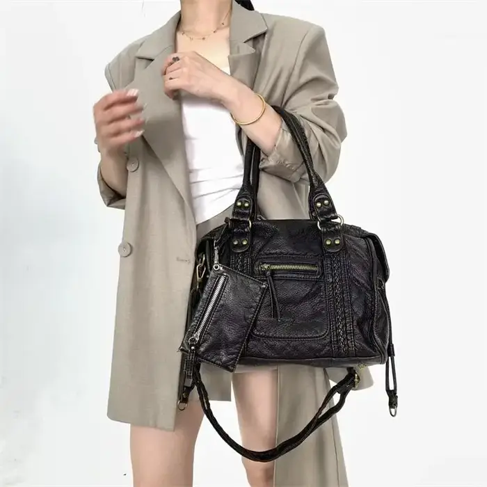 Sac à main vintage style moto rétro, sac bandoulière multi-poches, sac à épaule zippé, sac fourre-to