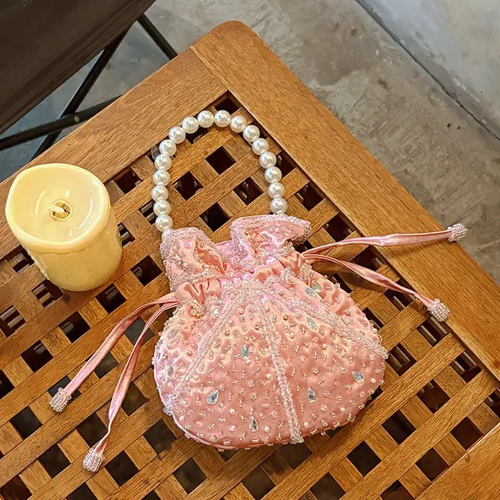 Perles perles gland fait à la main Satin seau sac perles transparentes perlé femmes sac à main dame sac à main femme épaule sous les bras sac
