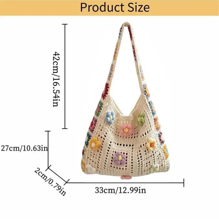 Sac à main bohème en crochet avec fleurs, grande capacité, sac de plage d'été tissé, sac à bandouliè