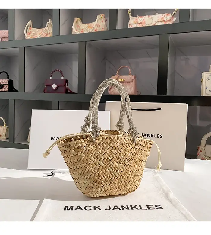 Sac à Main en Paille Tissée à la Main avec Strass Brillants pour Femme, Pochette de Plage et de Vaca