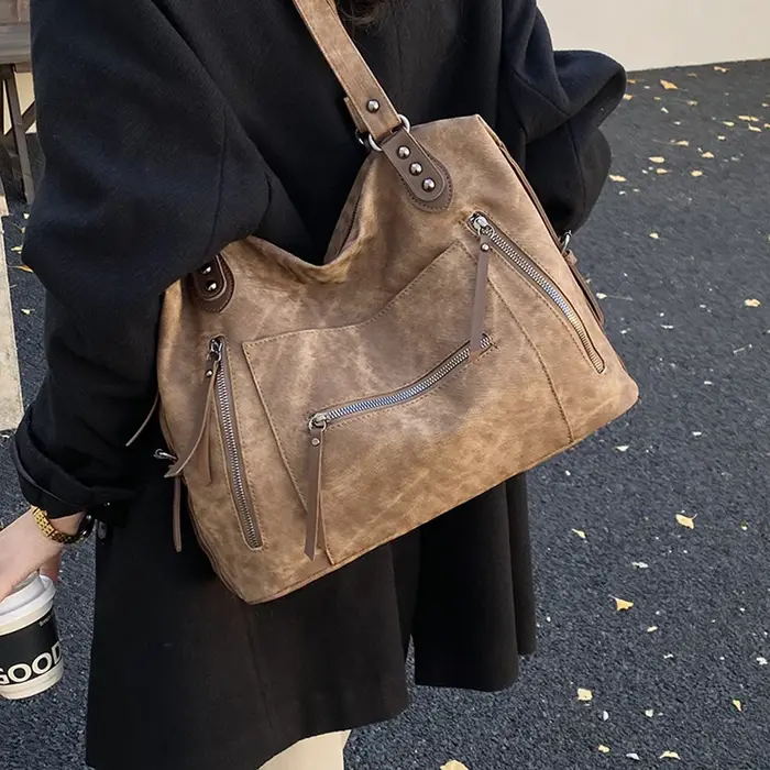 Sac fourre-tout à fermeture éclair en cuir PU de couleur unie