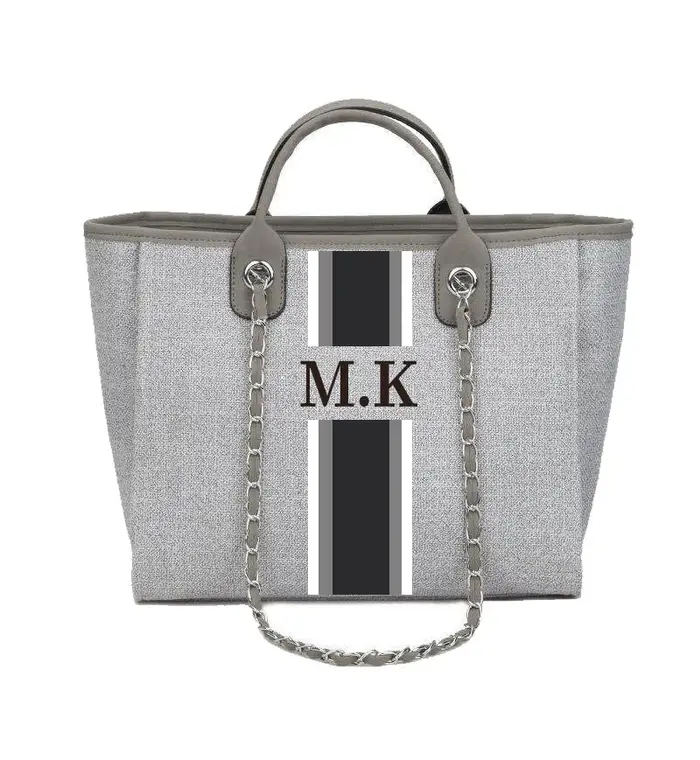 Sac fourre-tout en toile personnalisé avec monogramme, design rayé personnalisé, broderie initiale, 