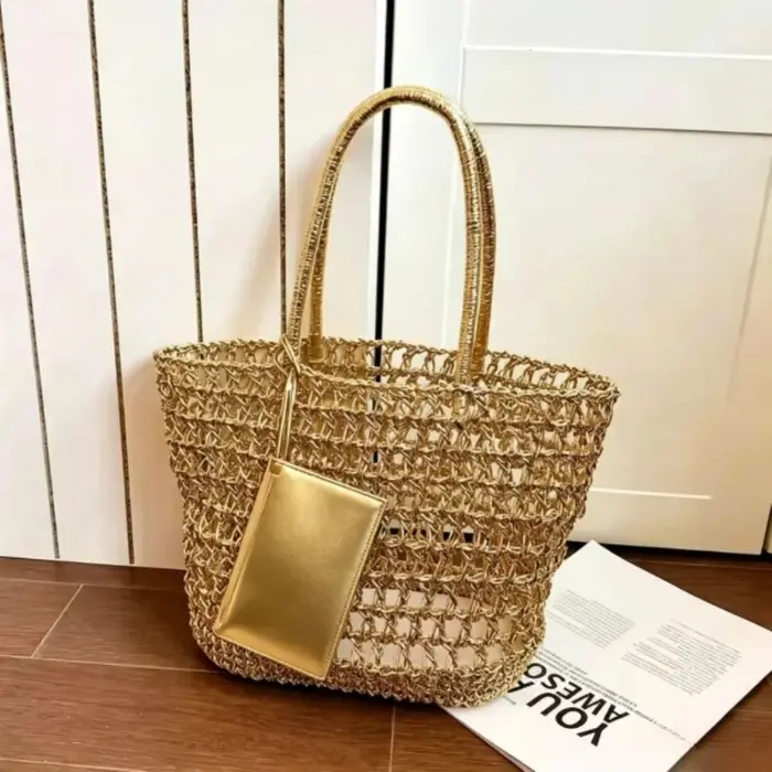 Sac fourre-tout doré tressé à la main ajouré