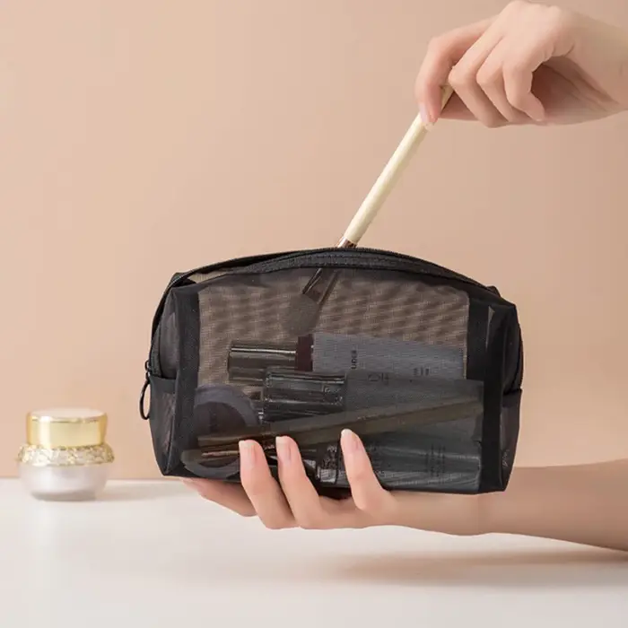 Sacs de maquillage en maille noire pour femmes et filles