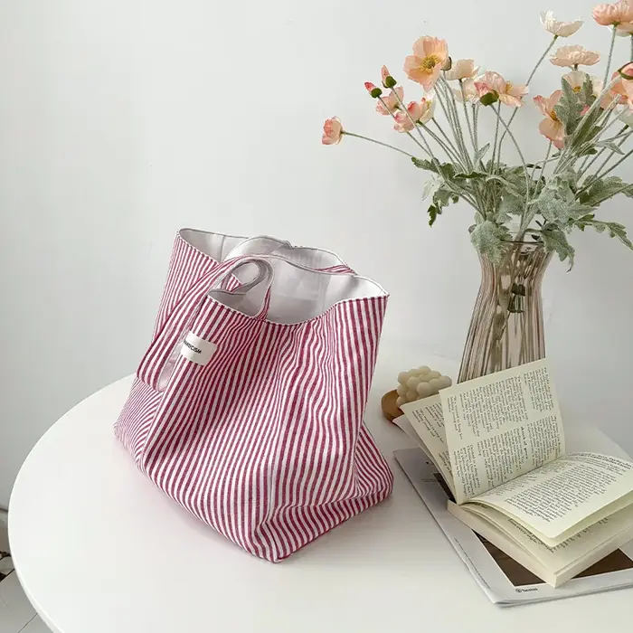 Sac à bandoulière en toile pour femmes, Design réversible, sac à main en tissu de coton, sac à main à rayures rouges cerise, grand fourre-tout, sacs de Shopping écologiques
