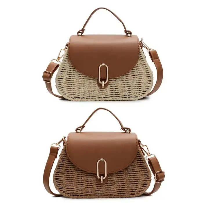 Sac de plage en paille et cuir PU