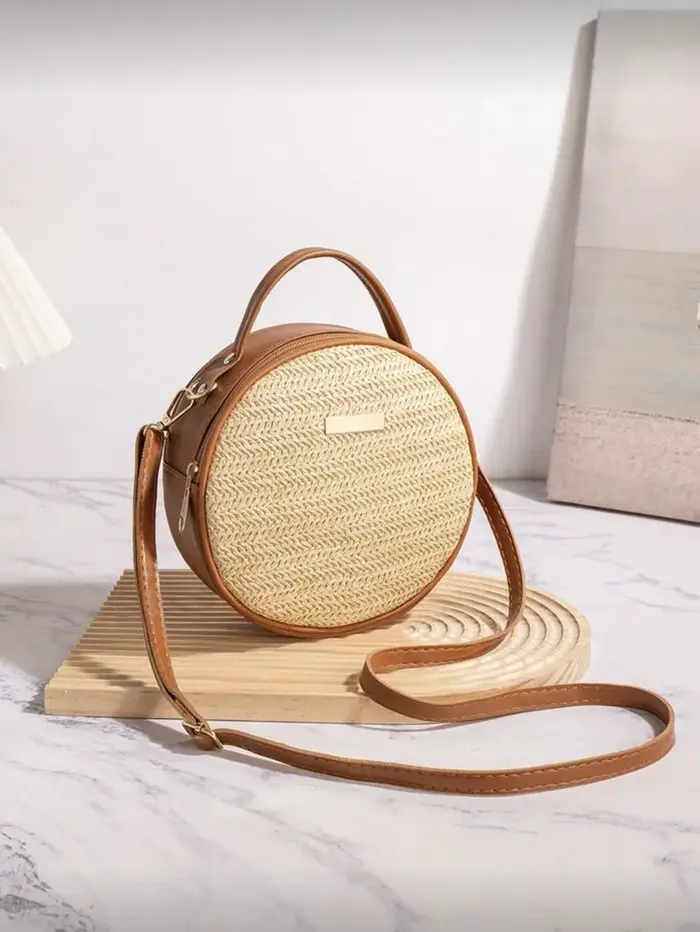 Sac à main rond en paille tressée pour femme, sac à bandoulière style plage d'été, sac fourre-tout d