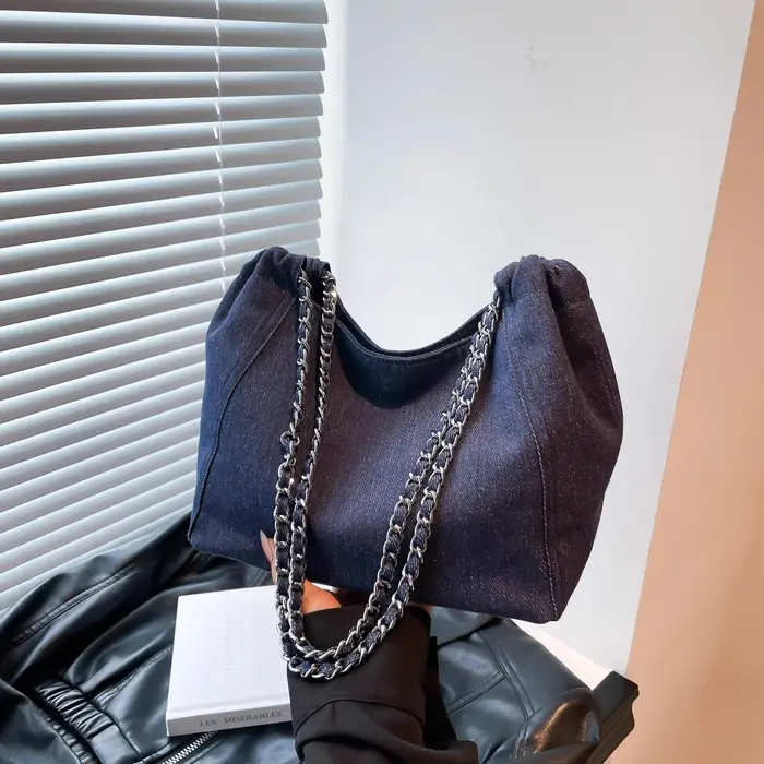 Bleu grande capacité Denim sac fourre-tout femmes été mode coréenne chaîne décontracté une épaule sacs trajet polyvalent sac à bandoulière