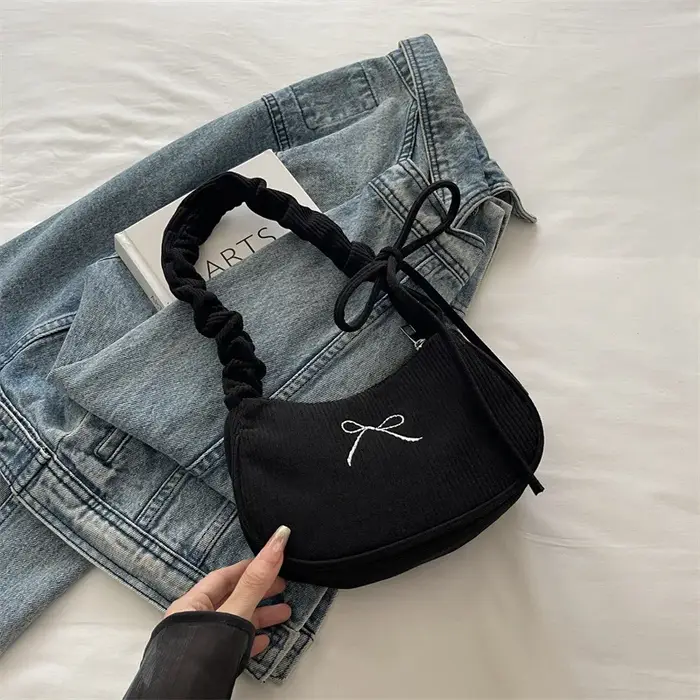 Sac à bandoulière en velours côtelé avec nœud, sac à main froncé à cordon, sac vintage Y2K pour femm