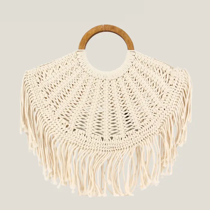 Nouveau Sac Fourre-tout Hobo Demi-Lune à Pompons pour Femme, Sac de Plage Bohème en Corde Tressée, S
