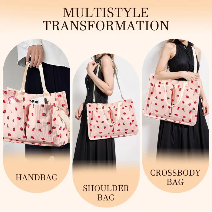 Sac fourre-tout mignon fraise patché sac à main pour femmes tissu grande capacité