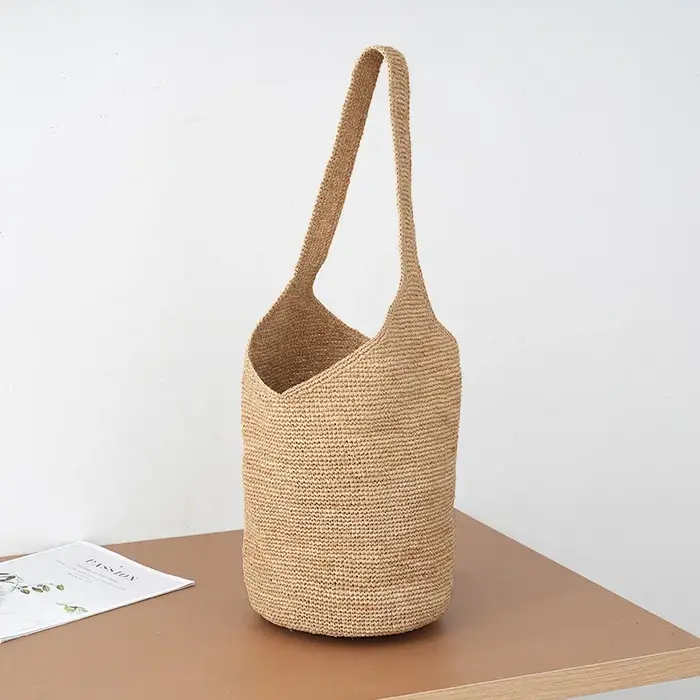 Sac seau en raphia tissé à la main pour femme, sac à bandoulière pour les vacances à la plage, style