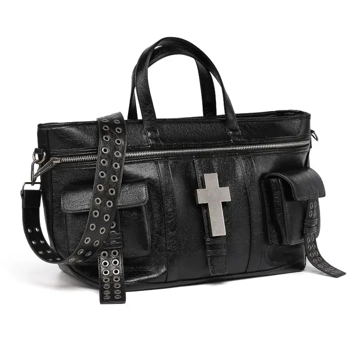 Sac fourre-tout vintage à rivets creux, grand sac à bandoulière unisexe, sac à main de voyage en PU 
