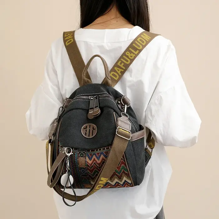 Sac à bandoulière double en denim brodé de style ethnique pour femme