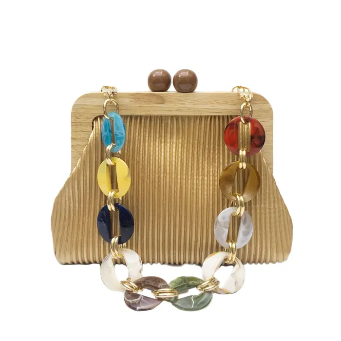 Sac de soirée élégant pour femme en paille avec cadre en bois et chaîne en acrylique