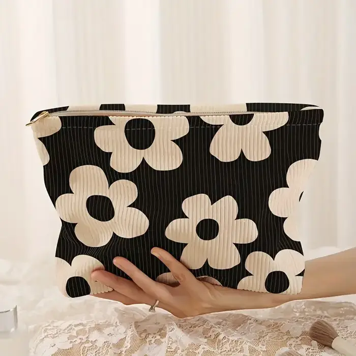 Pochette de maquillage en velours côtelé à imprimé floral jaune