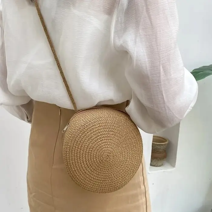 Sac rond en paille tissé pour femmes