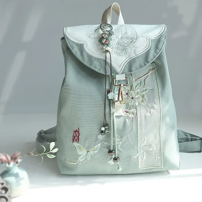 Sac à dos rétro de 15 pouces, style chinois Hanfu, broderie artistique, fermeture éclair, cordon de