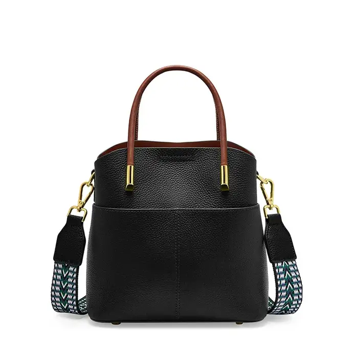 Sac seau en cuir véritable pour femme avec poignée supérieure et bandoulière amovible