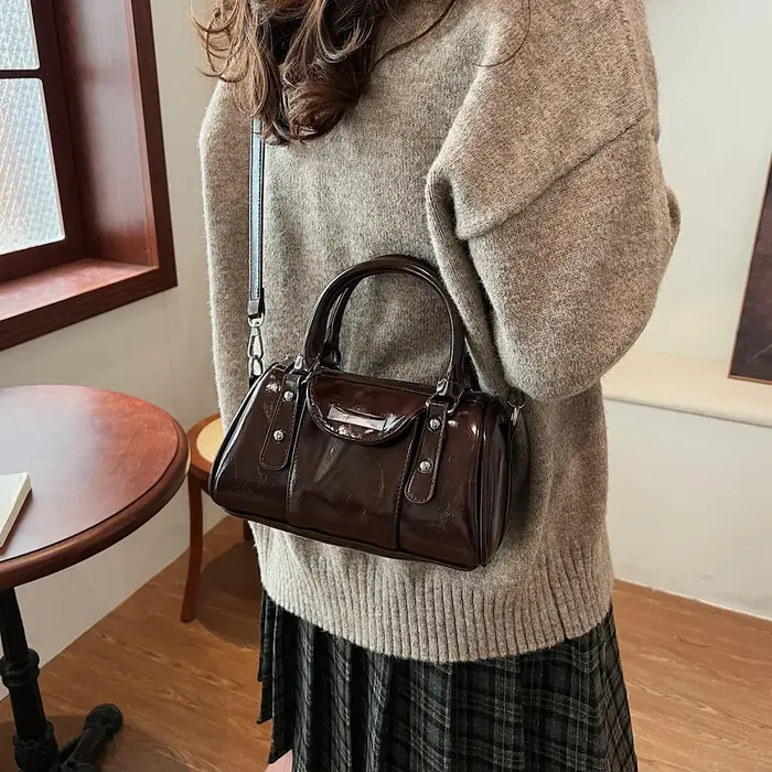 Mini sacs à poignée supérieure pour femmes huile brillante en cuir PU couleur Pure épaule