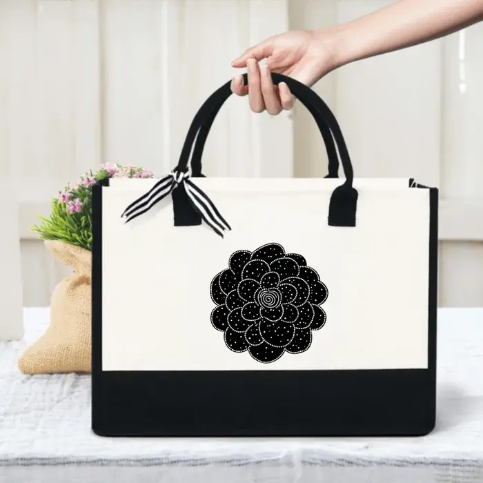 Sac fourre-tout en toile à motif floral crème et noir