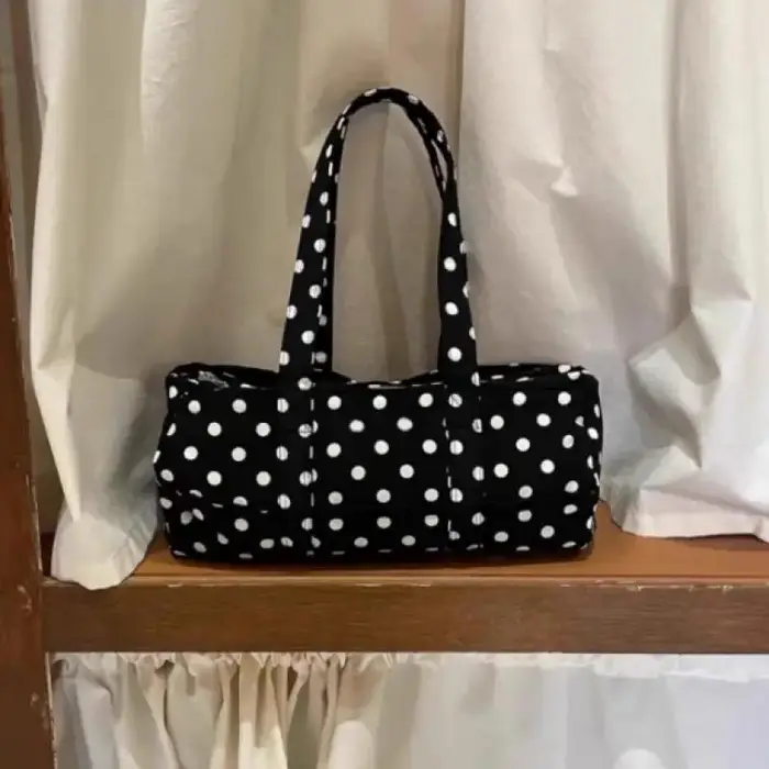 Sac polyvalent de style coréen pour femme ; Sac à main de voyage décontracté à pois en nylon noir et blanc de grande capacité