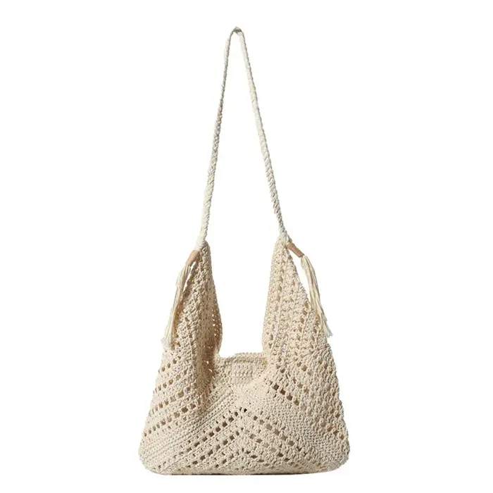 Sac à bandoulière bohème simple en tricot, sac fourre-tout en coton ajouré au crochet, couleur unie,