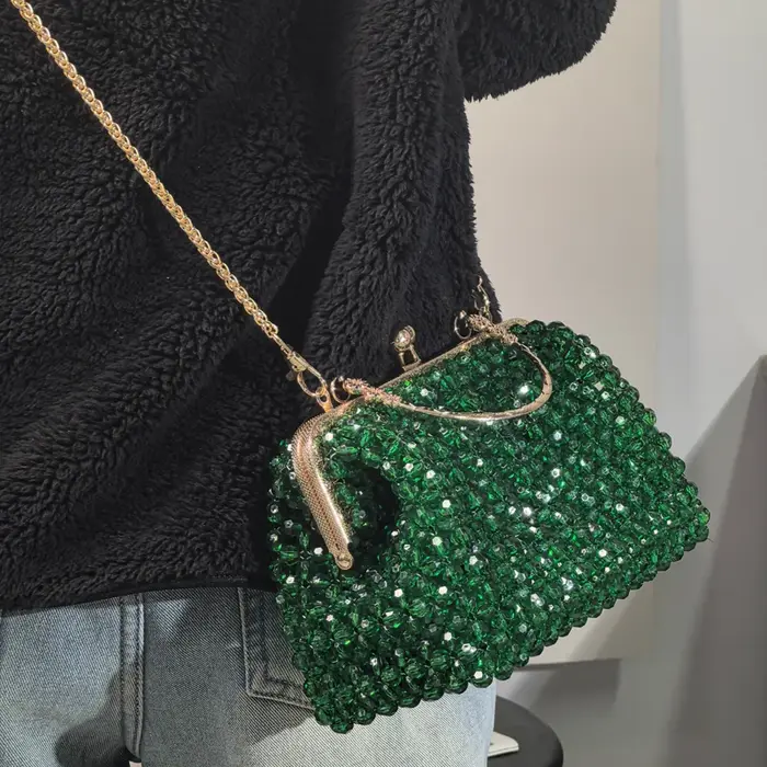 Pochette perlée faite à la main vert émeraude | Sac