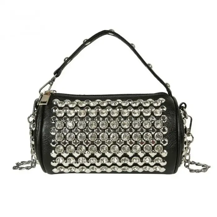 Sac à main cylindrique léger de luxe et de mode avec rivets en métal cloutés en diamant