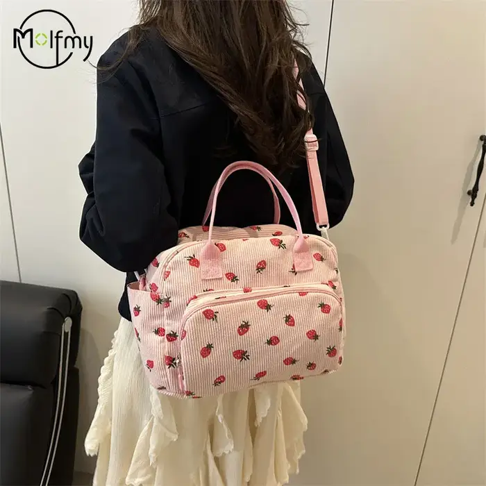 Sac à bandoulière fraise mode sacs fourre-tout en velours côtelé grande capacité femme sac à main sangle réglable sac de voyage en plein air 2025