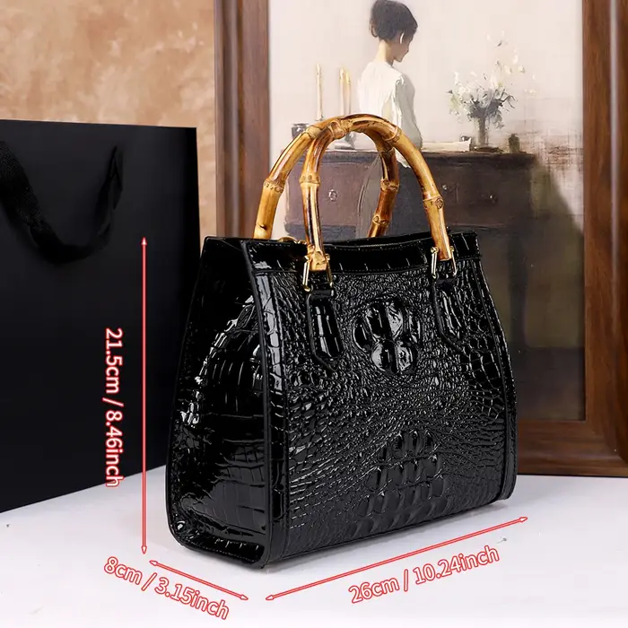 2025 Nouveau sac pour maman d'âge moyen à motif crocodile, sac à main à poignée articulée en bambou