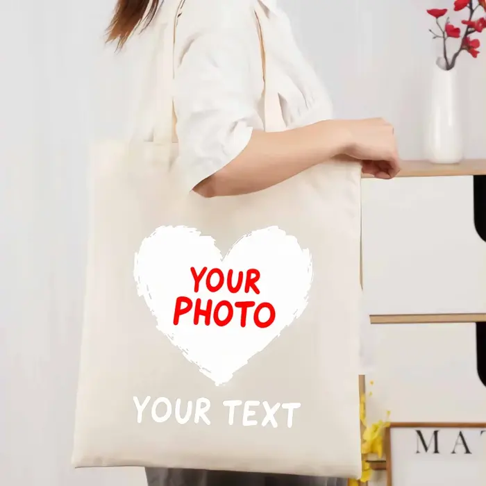 Sac fourre-tout en toile personnalisable avec photo d'amour blanc naturel et impression de texte pour un usage quotidien